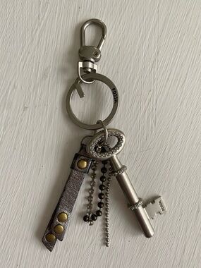 Fossil Silver Bag Key Charm with Pewter Leather Strap and Rhinestones